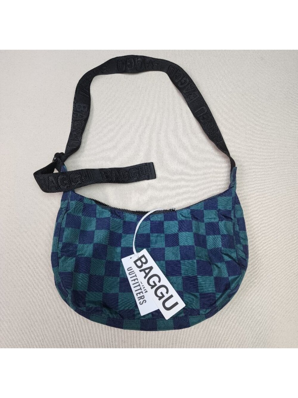 Baggu Medium Nylon Crescent Crossbody Bag Navy Green Check Print NEW WITH TAGS!!